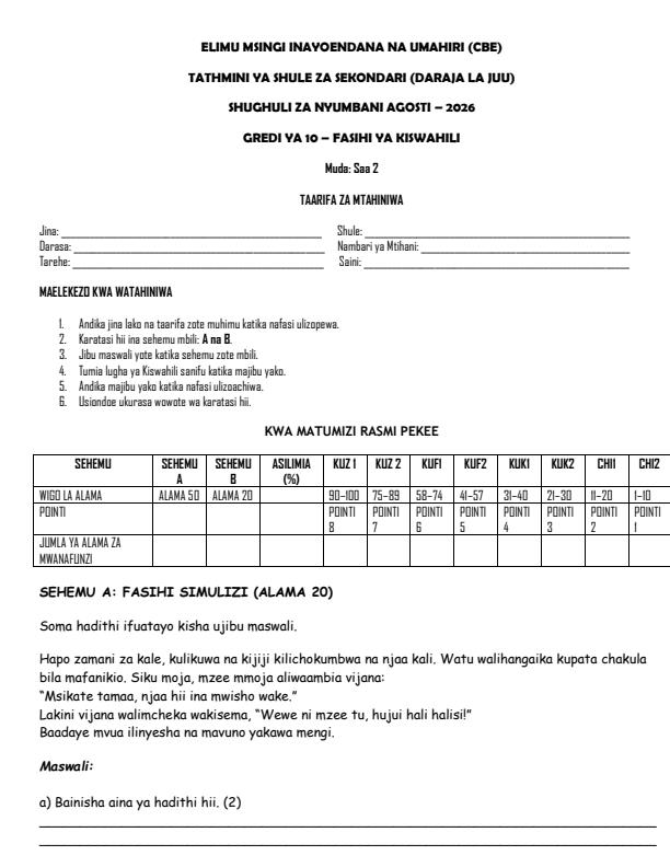 Page 1 – Grade 10 Kiswahili - Fasihi August 2026 Holiday Assignment – Kenyaplex