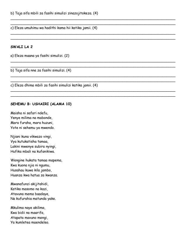Page 2 – Grade 10 Kiswahili - Fasihi August 2026 Holiday Assignment – Kenyaplex