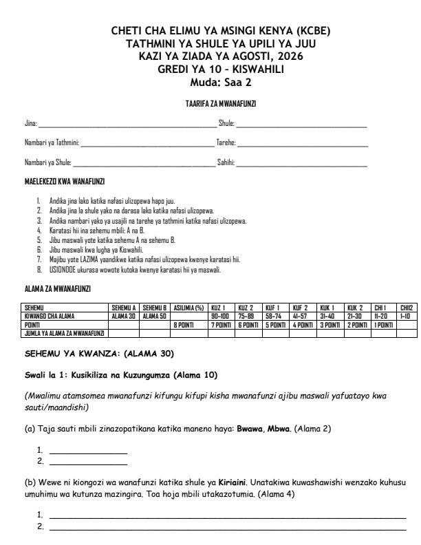 Page 1 – Grade 10 Kiswahili August 2026 Holiday Assignment – Kenyaplex