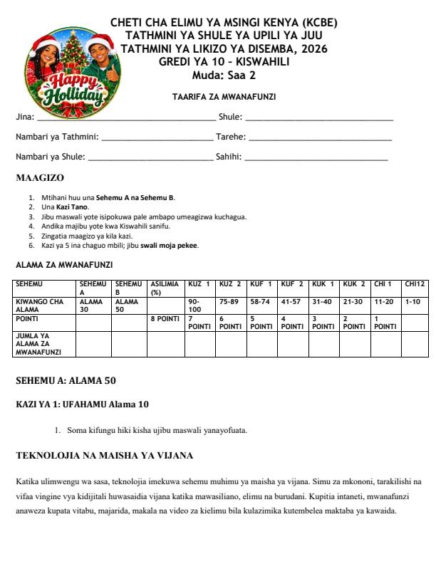 Page 1 – Grade 10 Kiswahili December 2026 Holiday Assignment – Kenyaplex