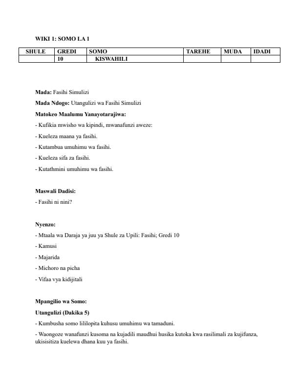 Page 1 – Grade 10 Kiswahili Fasihi Lesson Plans Term 1 – Kenyaplex