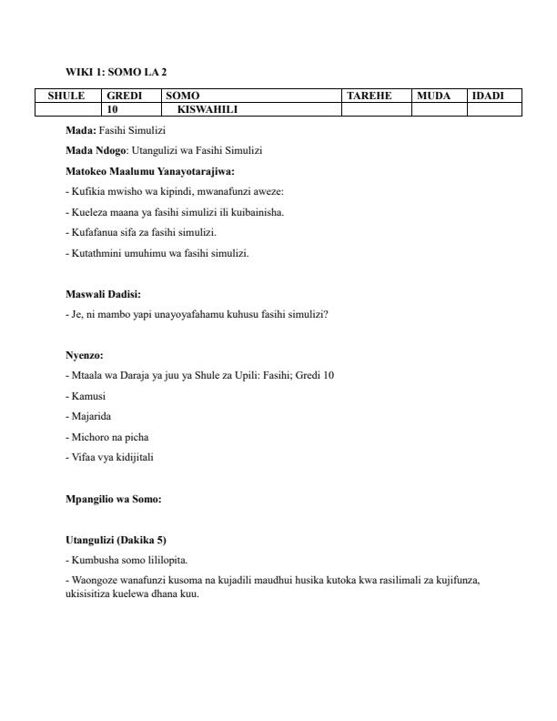 Page 4 – Grade 10 Kiswahili Fasihi Lesson Plans Term 1 – Kenyaplex