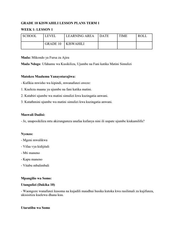 Page 1 – Grade 10 Kiswahili Lesson Plans Term 1 – Kenyaplex
