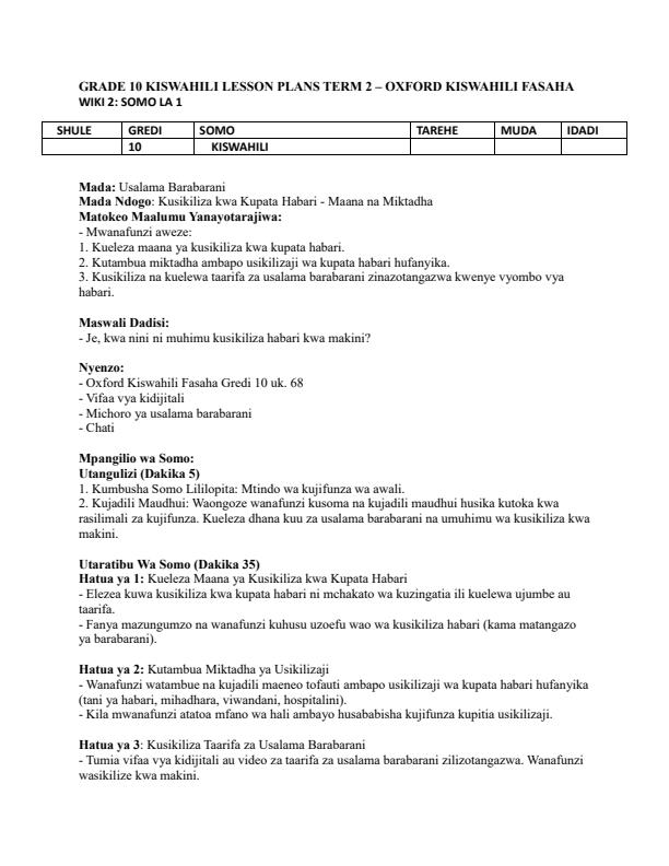 Page 1 – Grade 10 Kiswahili Lesson Plans Term 2 - Oxford Kiswahili Fasaha – Kenyaplex