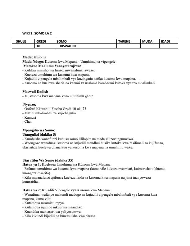 Page 3 – Grade 10 Kiswahili Lesson Plans Term 2 - Oxford Kiswahili Fasaha – Kenyaplex
