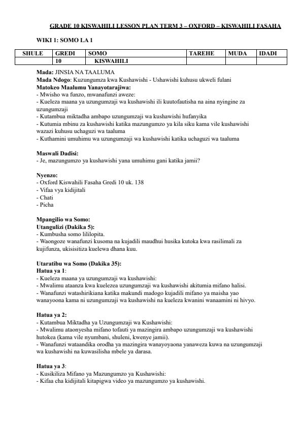 Page 1 – Grade 10 Kiswahili Lesson Plans Term 3 - Kiswahili Fasaha – Kenyaplex