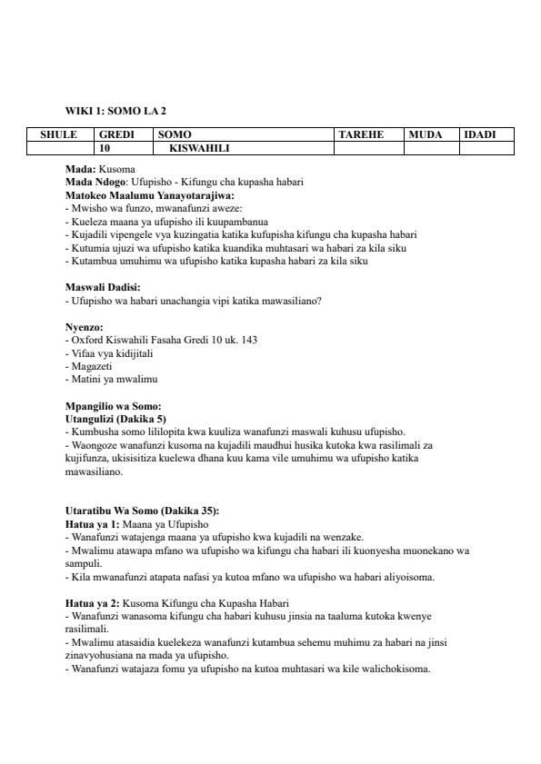 Page 3 – Grade 10 Kiswahili Lesson Plans Term 3 - Kiswahili Fasaha – Kenyaplex