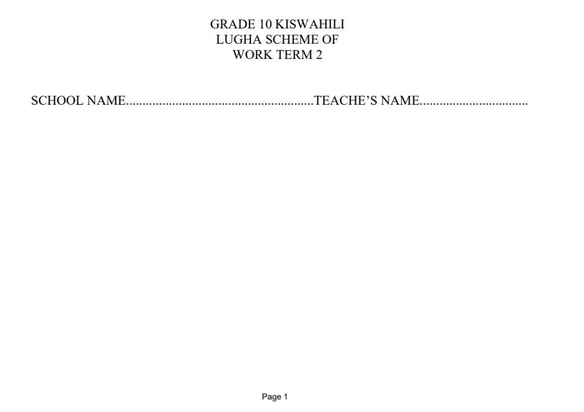 Page 1 – Grade 10 Kiswahili Lugha Schemes of Work Term 2 - Oxford Kiswahili Fasaha – Kenyaplex