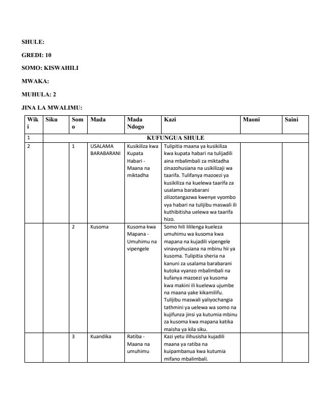 Page 1 – Grade 10 Kiswahili Records of Work Term 2 - Kiswahili Fasaha – Kenyaplex