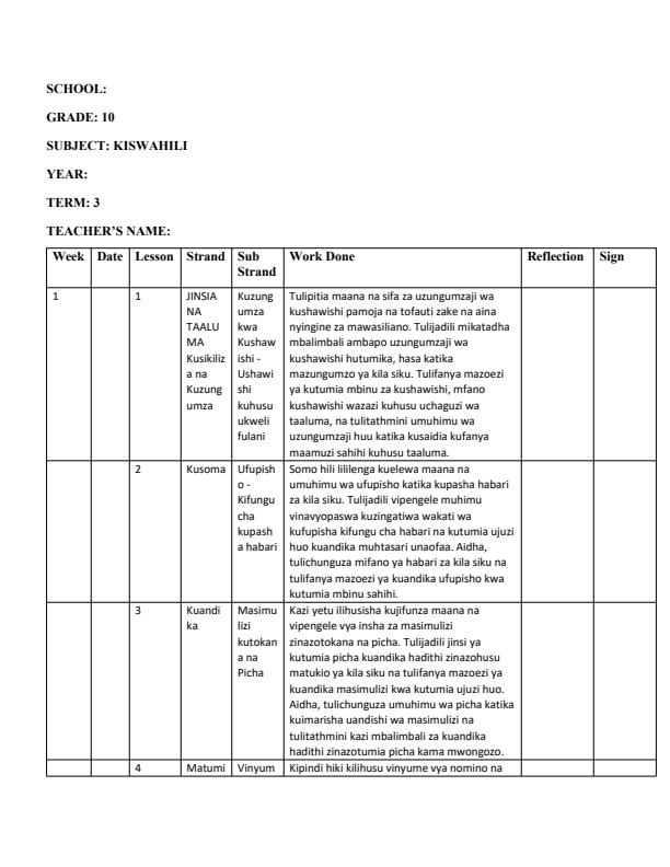 Page 1 – Grade 10 Kiswahili Records of Work Term 3 - Oxford Kiswahili Fasaha – Kenyaplex
