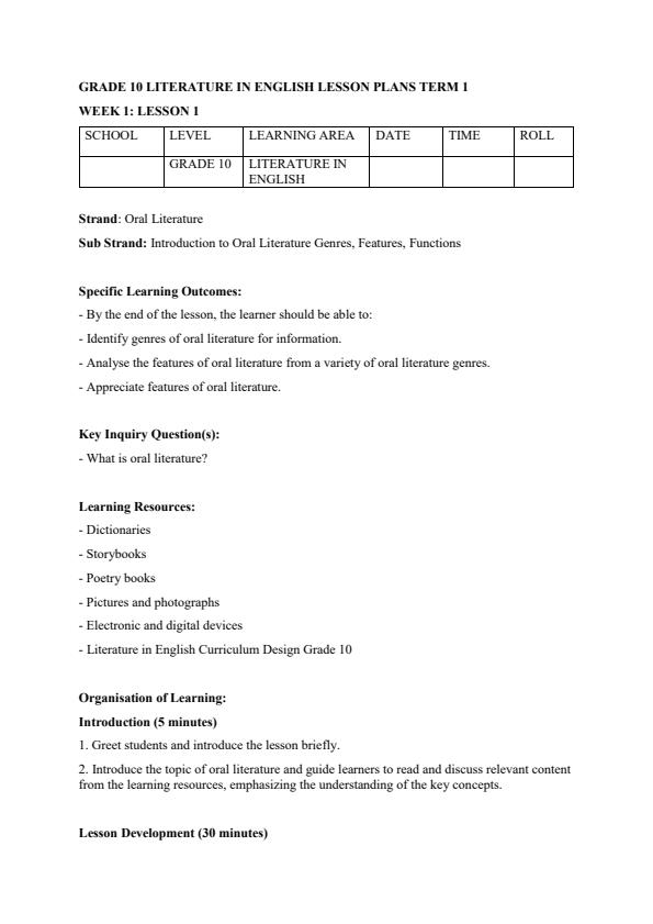 Page 1 – Grade 10 Literature in English Lesson Plans Term 1 – Kenyaplex