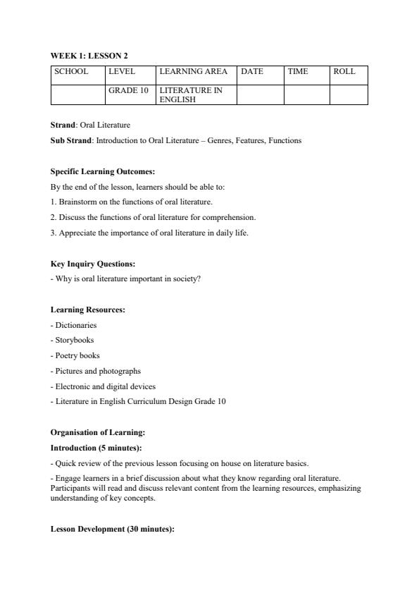 Page 3 – Grade 10 Literature in English Lesson Plans Term 1 – Kenyaplex