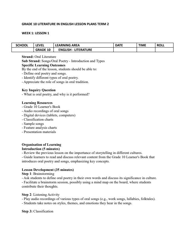 Page 1 – Grade 10 Literature in English Lesson Plans Term 2 – Kenyaplex