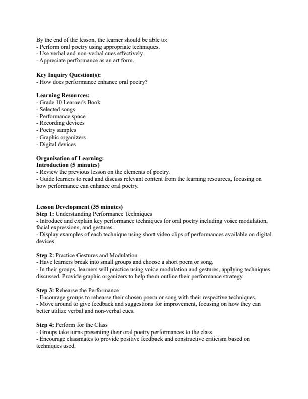 Page 3 – Grade 10 Literature in English Lesson Plans Term 2 – Kenyaplex