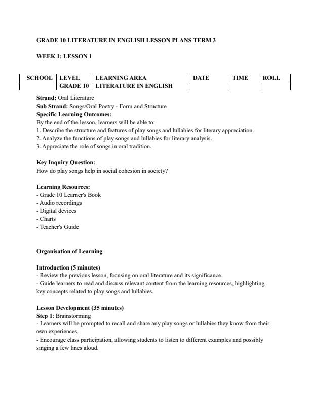 Page 1 – Grade 10 Literature in English Lesson Plans Term 3 – Kenyaplex