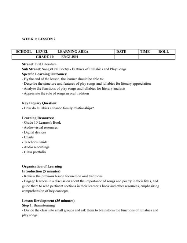 Page 3 – Grade 10 Literature in English Lesson Plans Term 3 – Kenyaplex