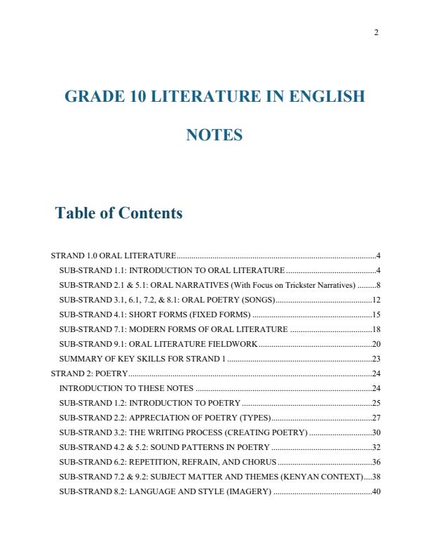 Page 2 – Grade 10 Literature in English Notes Term 1, Term 2, Term 3 – Kenyaplex