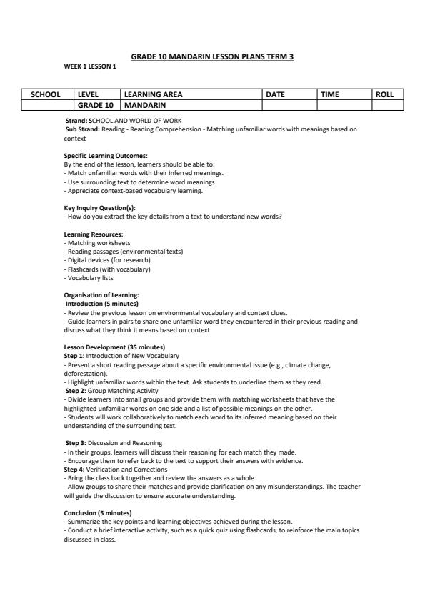 Page 1 – Grade 10 Mandarin Lesson Plans Term 3  – Kenyaplex
