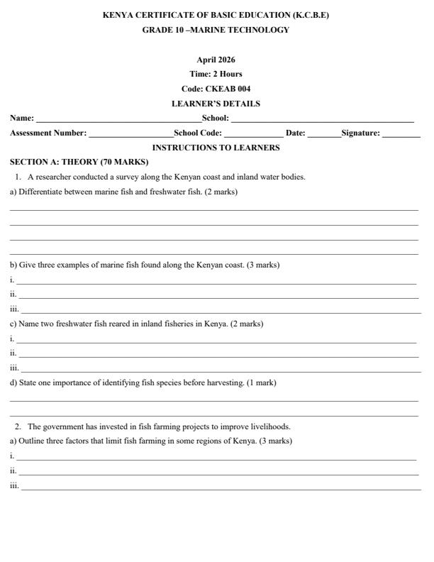 Page 1 – Grade 10 Marine Technology April 2026 Holiday Assignment – Kenyaplex