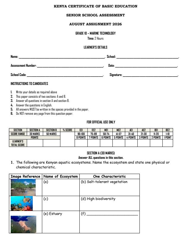 Page 1 – Grade 10 Marine Technology August 2026 Holiday Assignment – Kenyaplex