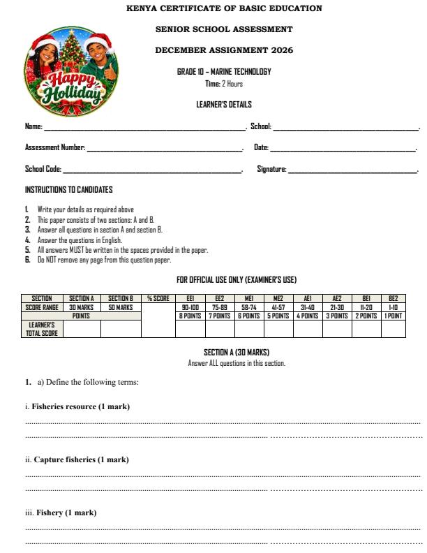 Page 1 – Grade 10 Marine Technology December 2026 Holiday Assignment – Kenyaplex