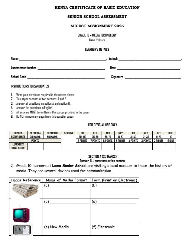 Page 1 – Grade 10 Media Technology August 2026 Holiday Assignment – Kenyaplex
