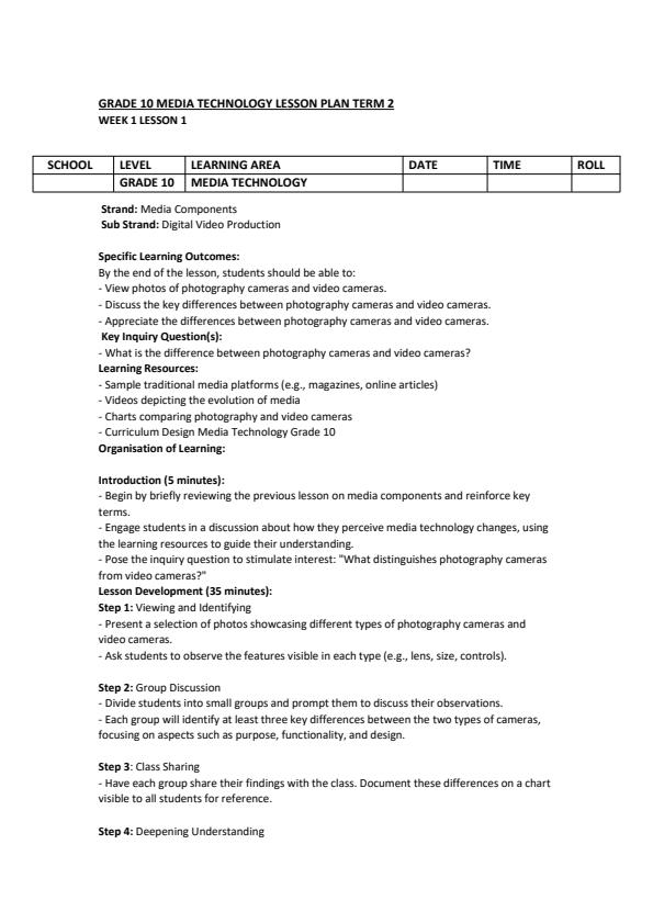 Page 1 – Grade 10 Media Technology Lesson Plans Term 2 – Kenyaplex