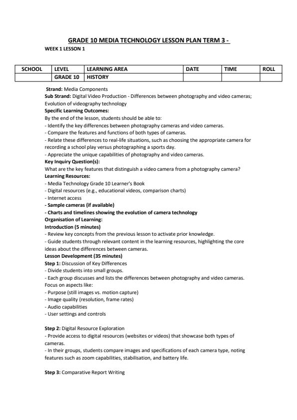 Page 1 – Grade 10 Media Technology Lesson Plans Term 3 – Kenyaplex
