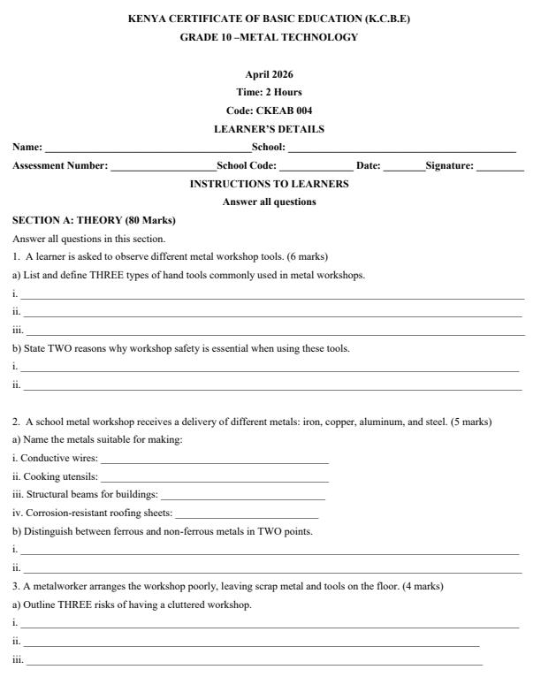 Page 1 – Grade 10 Metal Technology April 2026 Holiday Assignment – Kenyaplex