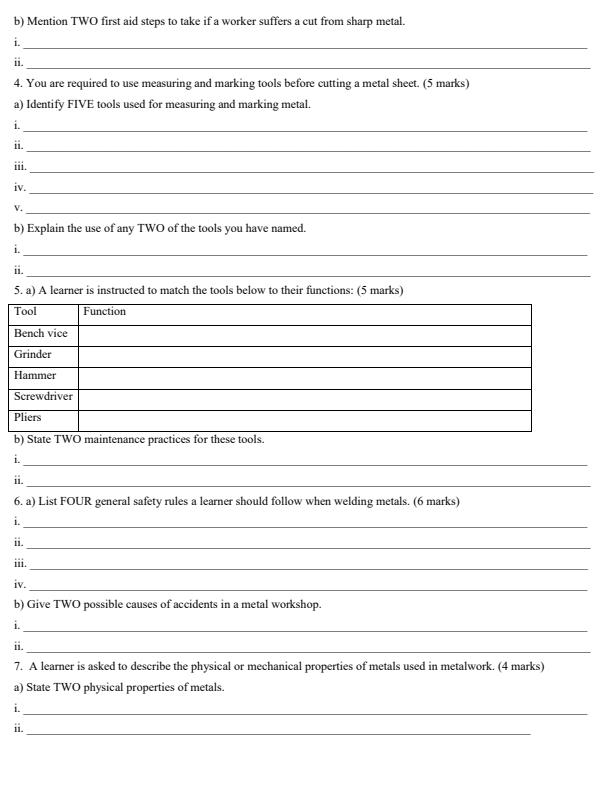 Page 2 – Grade 10 Metal Technology April 2026 Holiday Assignment – Kenyaplex