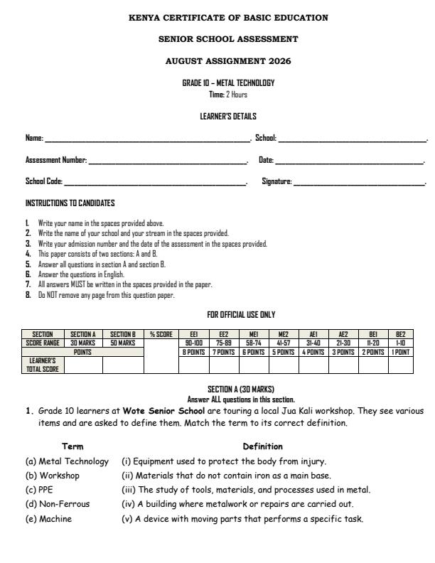 Page 1 – Grade 10 Metal Technology August 2026 Holiday Assignment – Kenyaplex