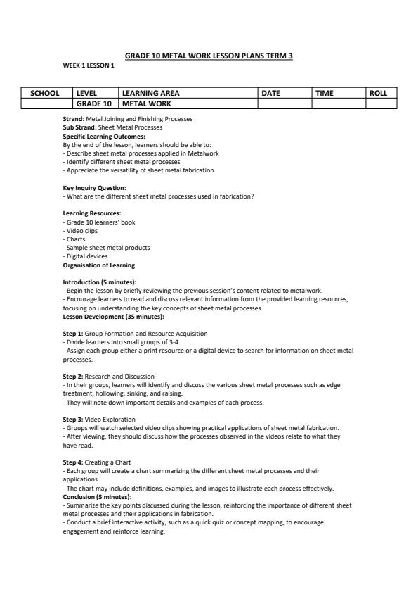 Page 1 – Grade 10 Metal Work Lesson Plans Term 3  – Kenyaplex