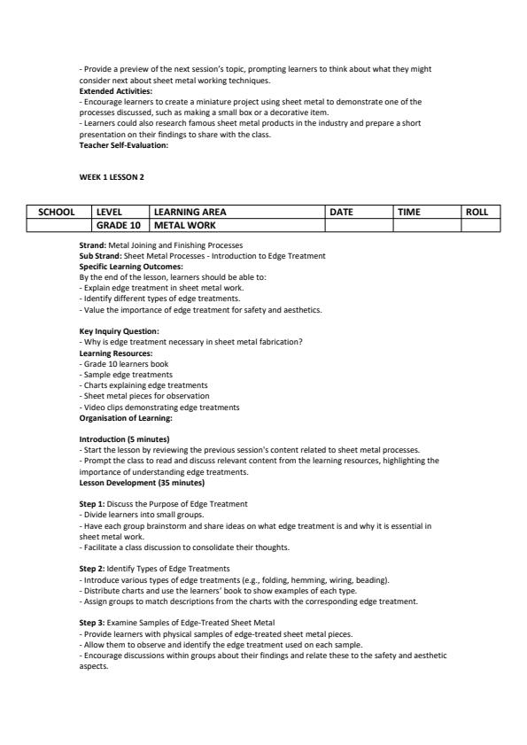 Page 2 – Grade 10 Metal Work Lesson Plans Term 3  – Kenyaplex