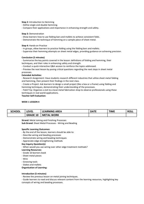 Page 4 – Grade 10 Metal Work Lesson Plans Term 3  – Kenyaplex
