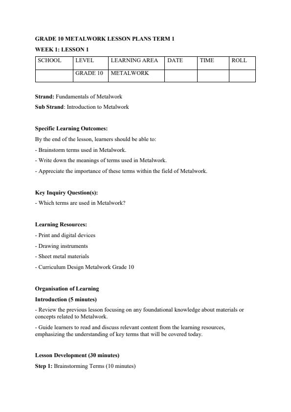Page 1 – Grade 10 Metalwork Lesson Plans Term 1 – Kenyaplex