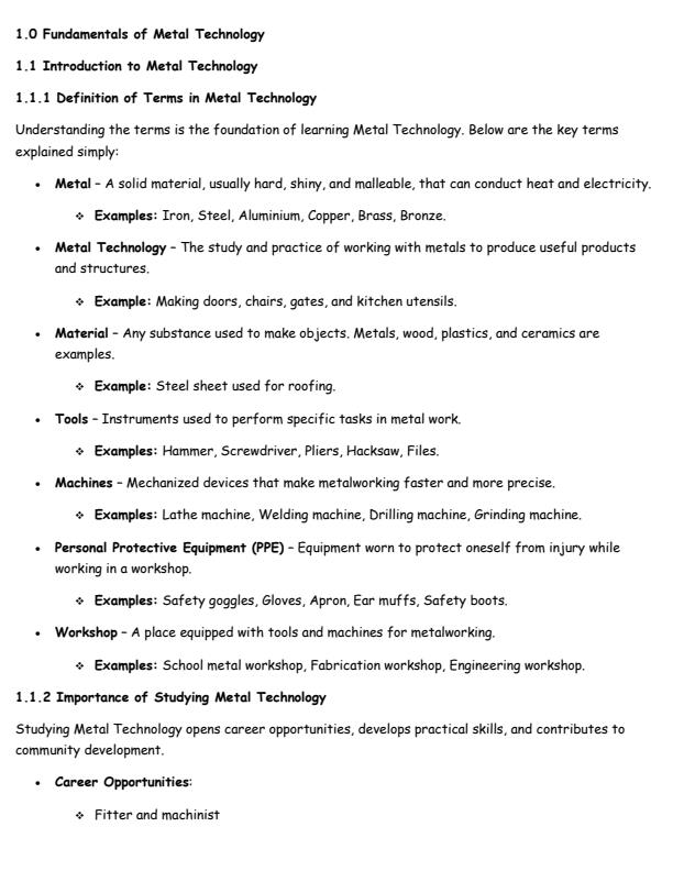 Page 2 – Grade 10 Metalwork Notes Term 1, Term 2, Term 3 – Kenyaplex