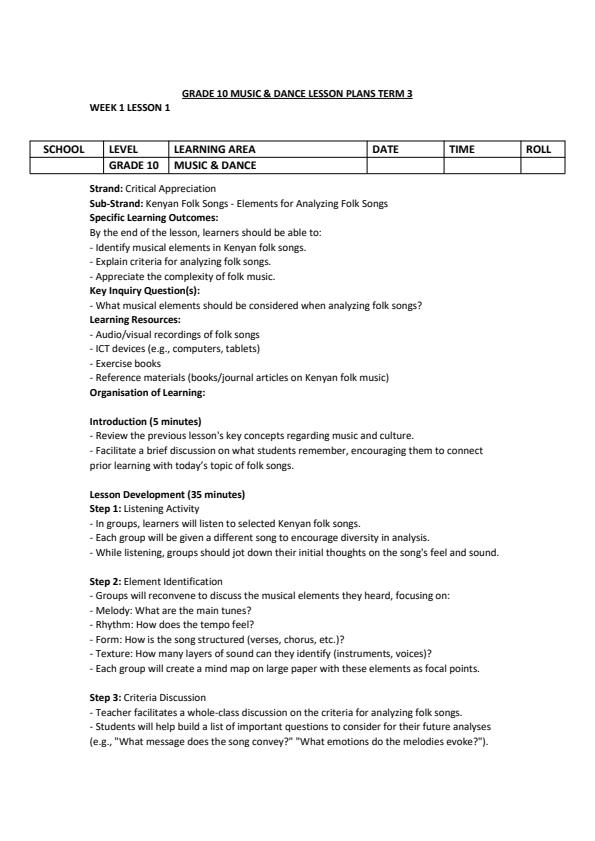 Page 1 – Grade 10 Music & Dance Lesson Plans Term 3  – Kenyaplex