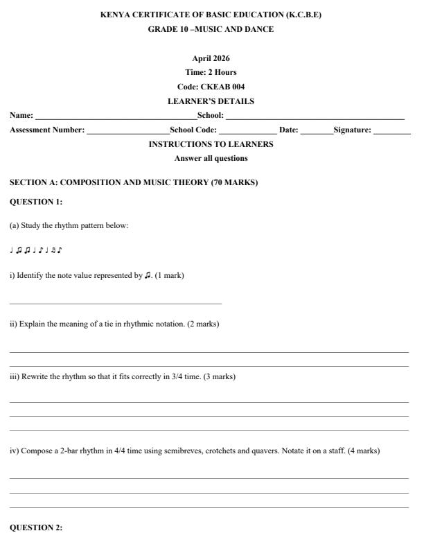 Page 1 – Grade 10 Music and Dance April 2026 Holiday Assignment  – Kenyaplex