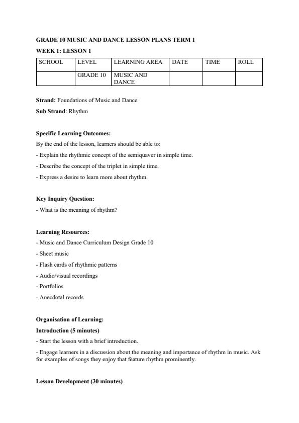 Page 1 – Grade 10 Music and Dance Lesson Plans Term 1 – Kenyaplex