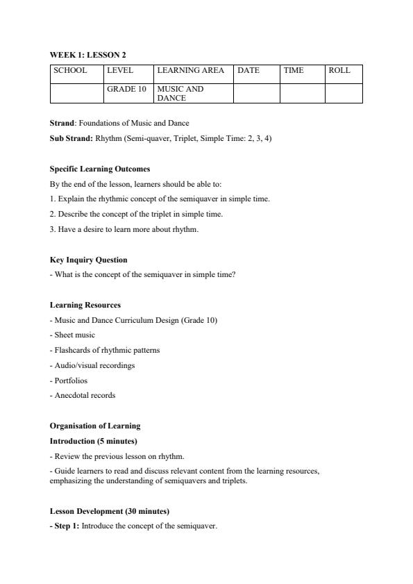 Page 4 – Grade 10 Music and Dance Lesson Plans Term 1 – Kenyaplex