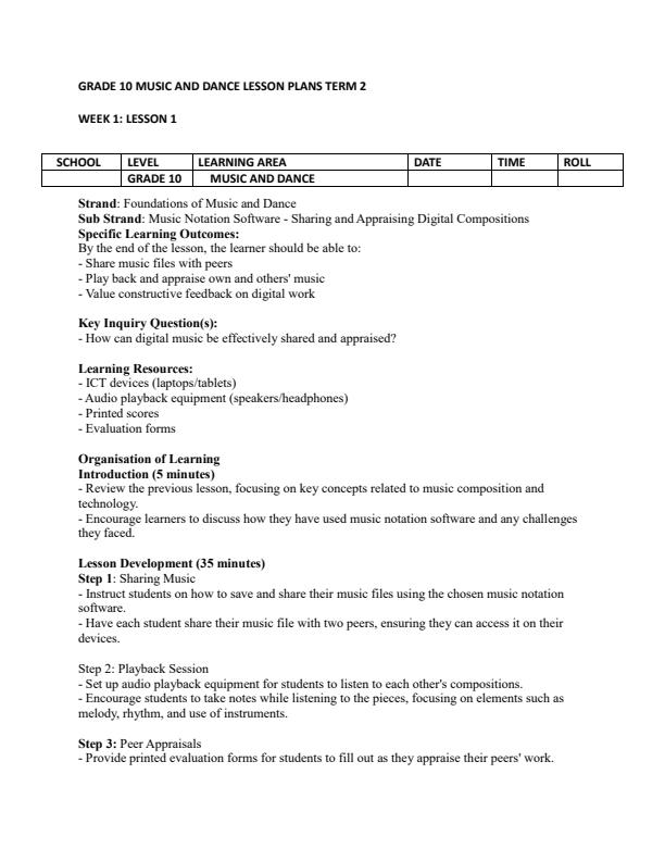 Page 1 – Grade 10 Music and Dance Lesson Plans Term 2 – Kenyaplex