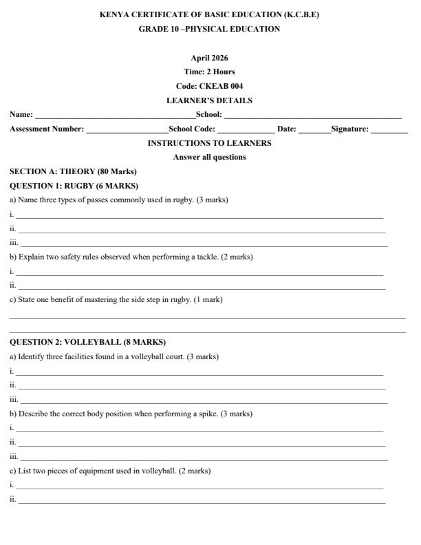 Page 1 – Grade 10 Physical Education April 2026 Holiday Assignment – Kenyaplex