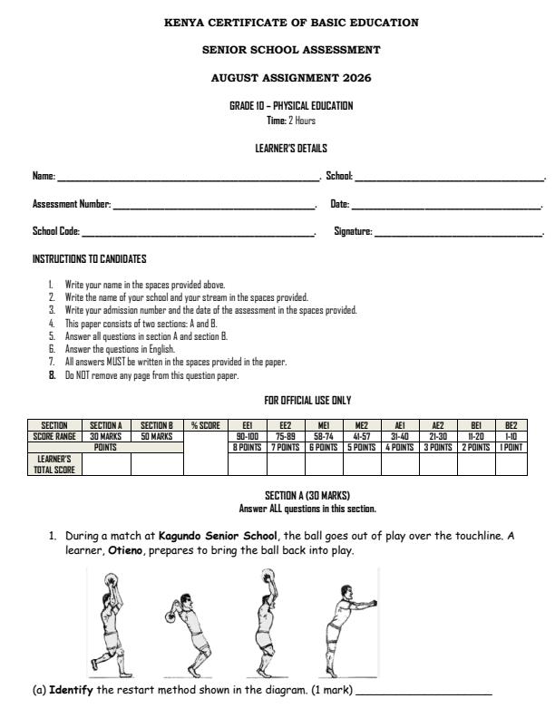 Page 1 – Grade 10 Physical Education August 2026 Holiday Assignment – Kenyaplex