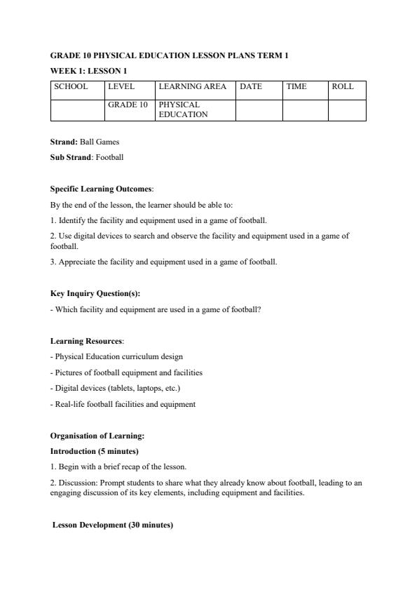 Page 1 – Grade 10 Physical Education Lesson Plans Term 1 – Kenyaplex