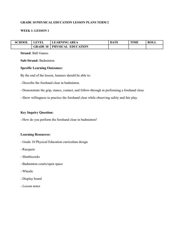 Page 1 – Grade 10 Physical Education Lesson Plans Term 2 – Kenyaplex