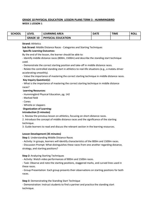 Page 1 – Grade 10 Physical Education Lesson Plans Term 3 - Hummingbird – Kenyaplex