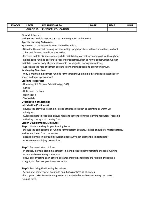Page 4 – Grade 10 Physical Education Lesson Plans Term 3 - Hummingbird – Kenyaplex