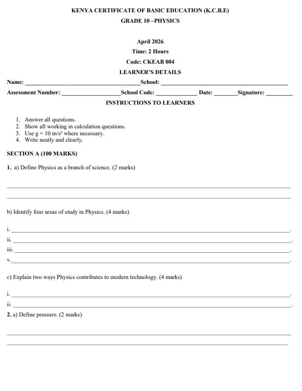 Page 1 – Grade 10 Physics April 2026 Holiday Assignment – Kenyaplex