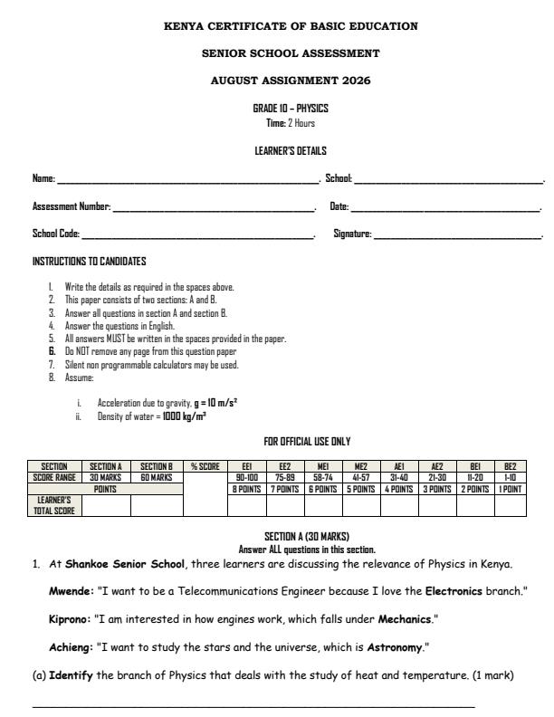 Page 1 – Grade 10 Physics August 2026 Holiday Assignment – Kenyaplex