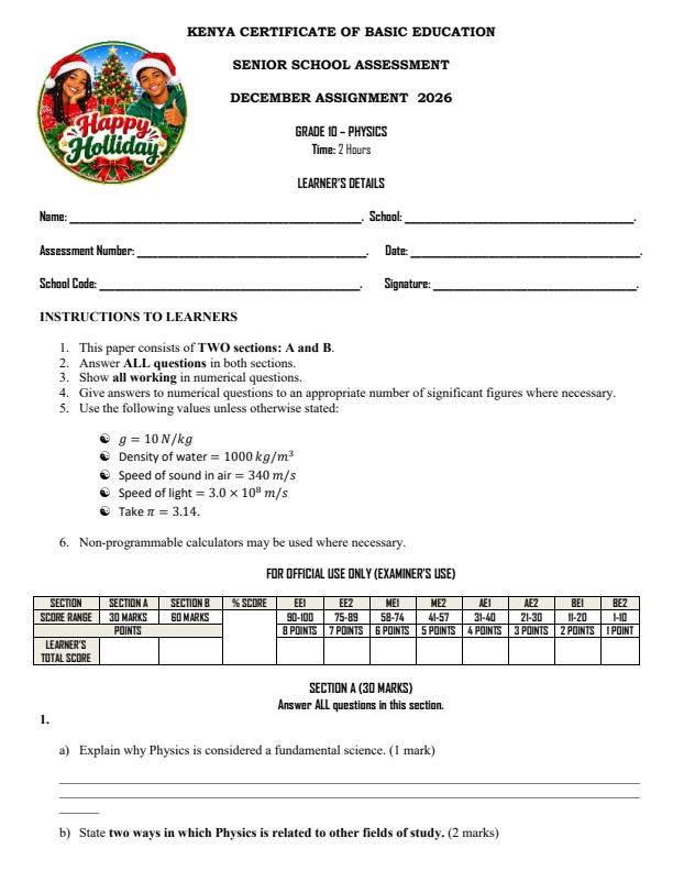 Page 1 – Grade 10 Physics December 2026 Holiday Assignment – Kenyaplex